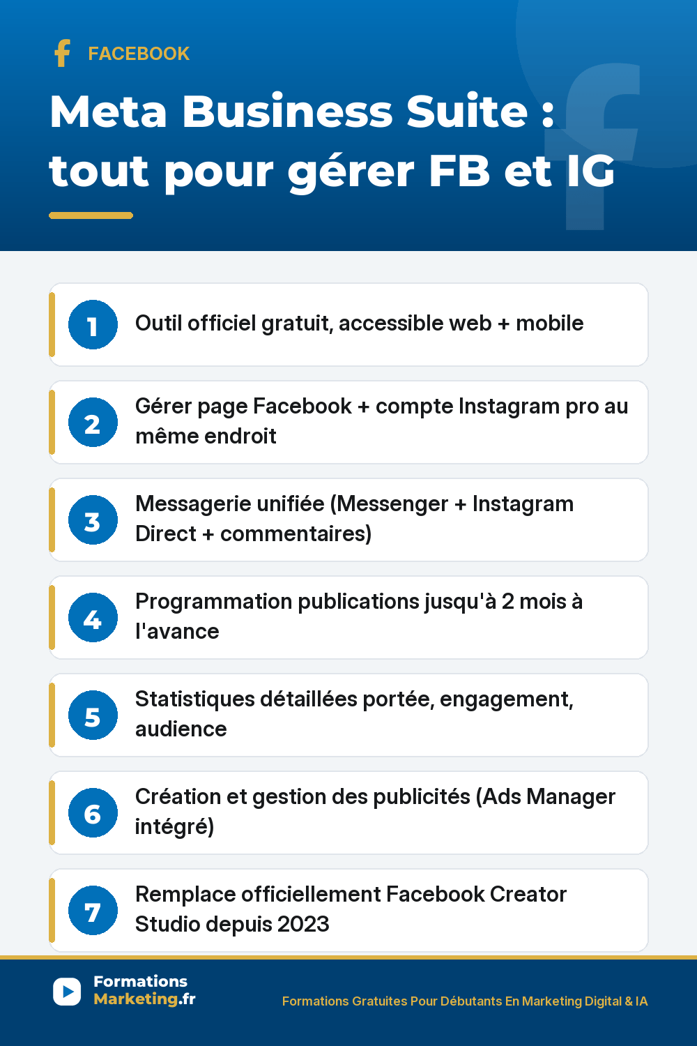 meta business suite pinterest Meta Business Suite outil officiel gratuit : gérer page Facebook et compte Instagram pro dans une interface, messagerie unifiée Messenger Instagram Direct commentaires, programmation publications 2 mois, statistiques portée engagement audience, Ads Manager intégré, app mobile iOS Android, remplace Creator Studio depuis 2023