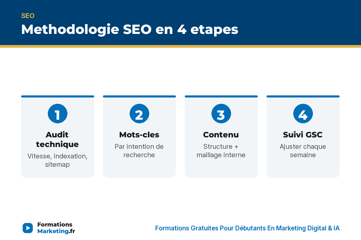 Methodologie SEO en 4 etapes : audit, mots-cles, contenu, suivi GSC - formationsmarketing.fr
