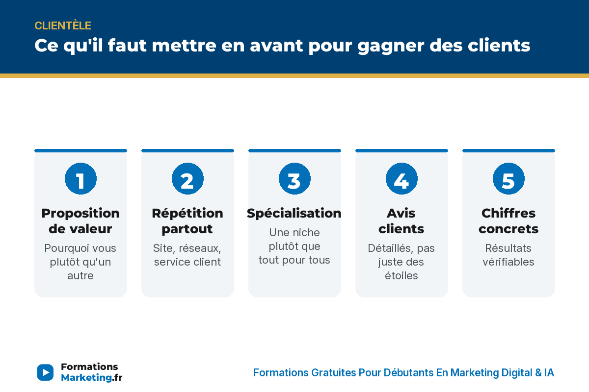 mettre en avant clients infographie Ce qu'il faut mettre en avant pour gagner des clients : proposition de valeur, avis, chiffres - formationsmarketing.fr