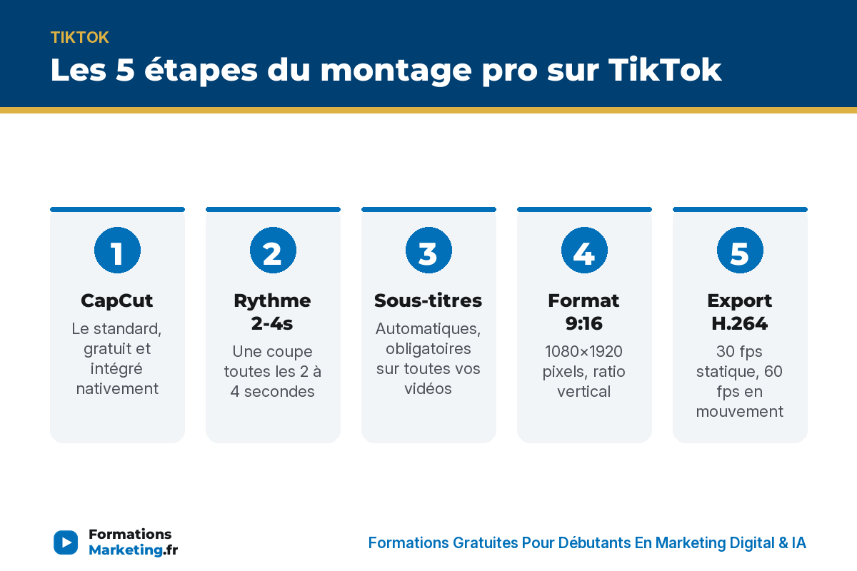 Les 5 étapes du montage pro sur TikTok : CapCut, rythme 2-4s, sous-titres, format 9:16, export H.264 - formationsmarketing.fr