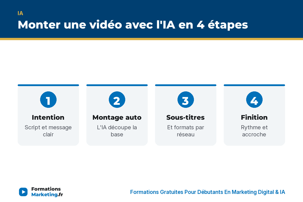 Monter une vidéo avec l'IA en 4 étapes : intention, montage automatique, sous-titres et formats, finition - formationsmarketing.fr