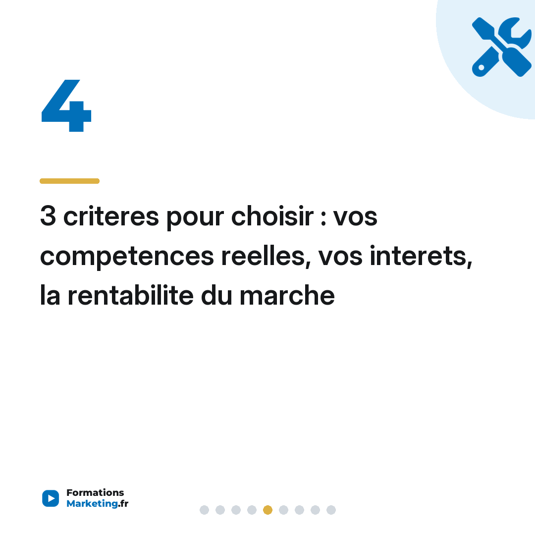 3 criteres pour choisir : vos competences reelles, vos interets, la rentabilite du marche
