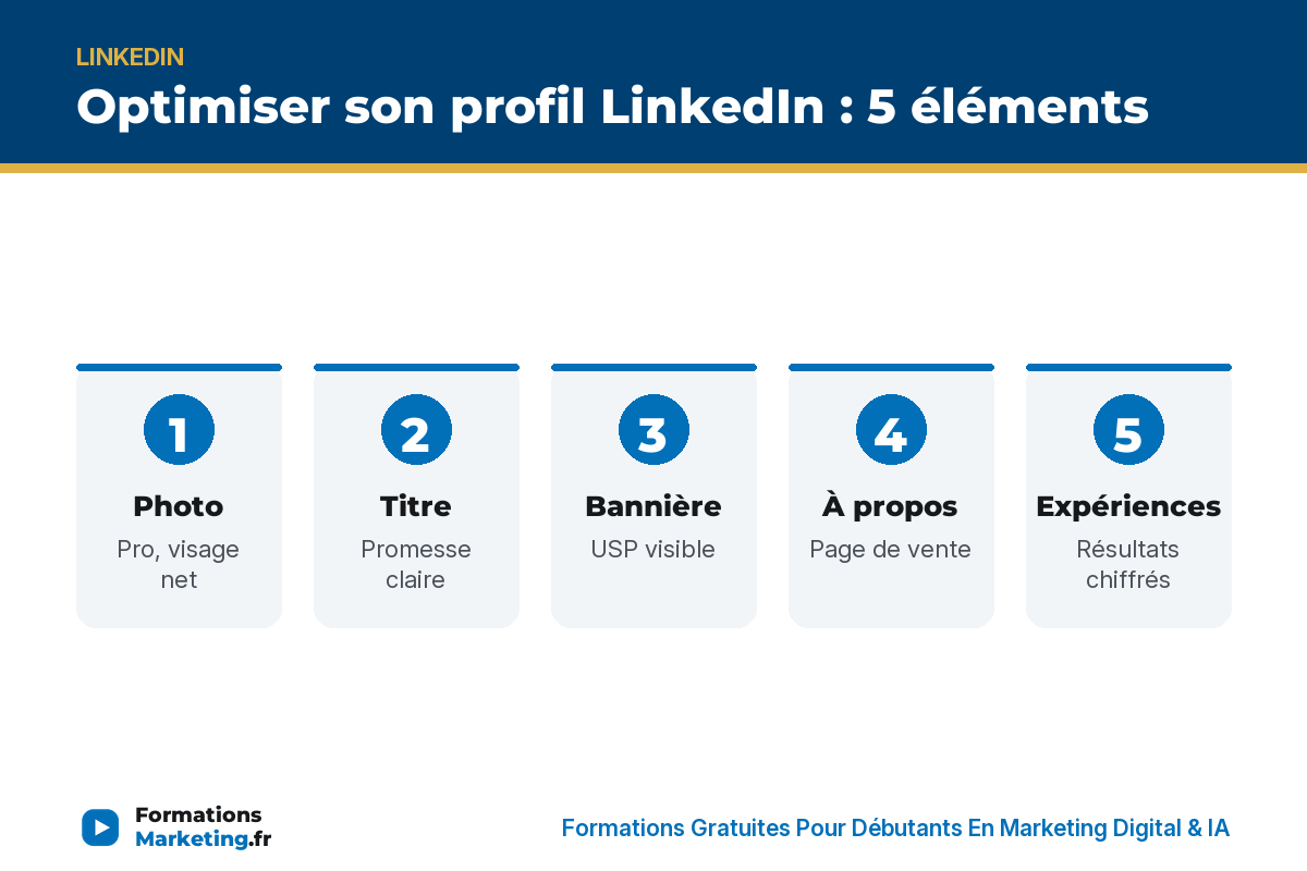 optim profil li infographie Profil LI optimisé 5 éléments : photo, titre, bannière, à propos, expériences - formationsmarketing.fr