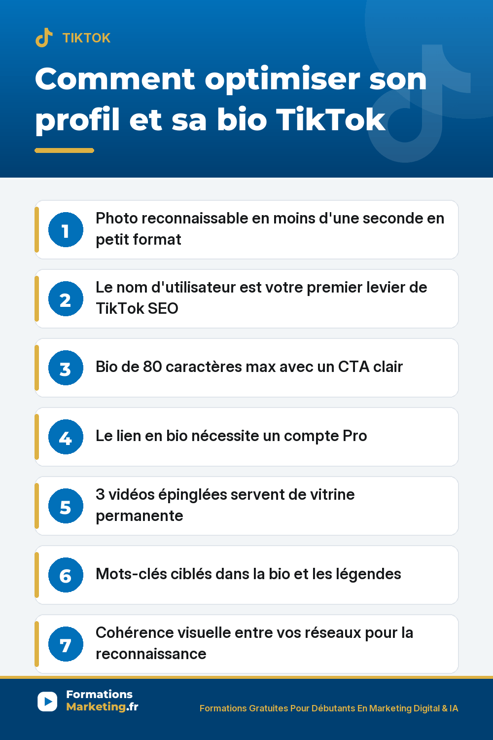 Optimiser son profil TikTok : photo reconnaissable, nom avec mots-clés SEO, bio 80 caractères avec CTA, 3 vidéos épinglées en vitrine, mots-clés TikTok SEO dans bio et légendes