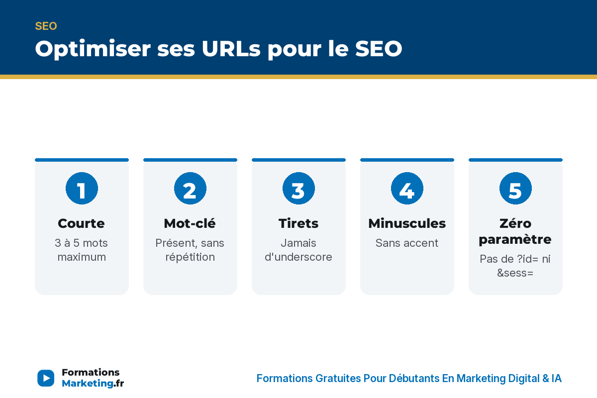 optimiser url seo infographie Optimiser ses URLs pour le SEO : courte, mot-clé, tirets, minuscules, redirection 301 - formationsmarketing.fr