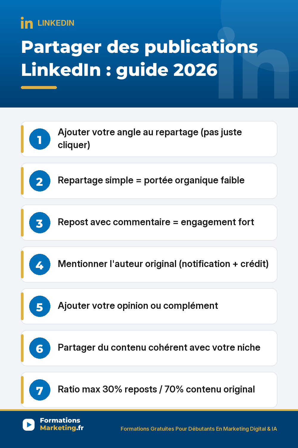 partager li pinterest Partager des publications d'autres pages sur LinkedIn guide 2026 : repartager en 1 clic sans rien ajouter portée organique faible algorithme considère signal faible, repartager avec votre commentaire votre angle opinion expérience question prolonge discussion portée ×30-60 vs repartage simple, post original qui cite contenu mentionner auteur ajouter analyse complète lien en commentaire portée maximale traité comme post original, éviter commentaires vides super post très intéressant, ratio 30% reposts max 70% contenu original