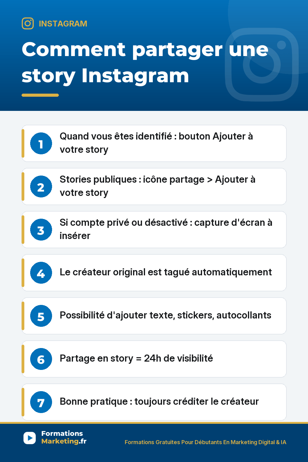 Comment partager une story Instagram dans sa story : 3 méthodes selon cas, repartager automatiquement quand vous êtes identifié bouton Ajouter à votre story, utiliser icône de partage sur stories de comptes publics, capture d'écran si compte privé ou partage désactivé, créateur tagué automatiquement, toujours créditer