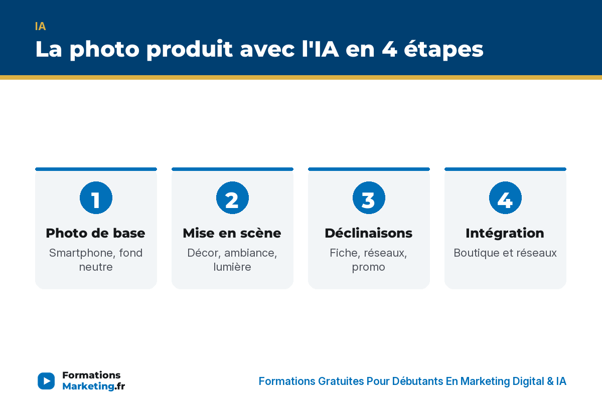 La photo produit avec l'IA en 4 étapes : photo de base, mise en scène, déclinaisons, intégration - formationsmarketing.fr
