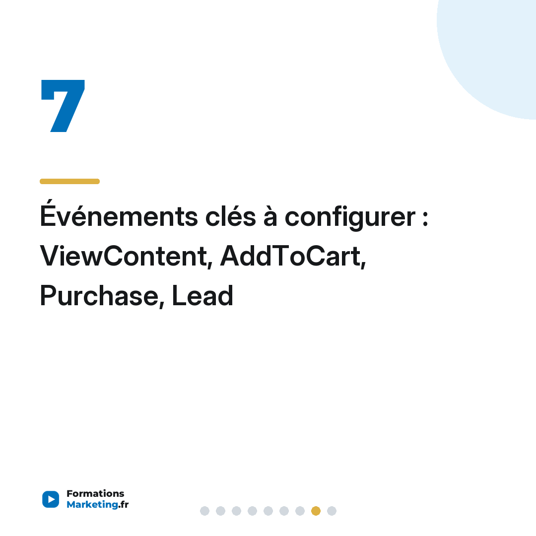 Événements clés à configurer : ViewContent, AddToCart, Purchase, Lead
