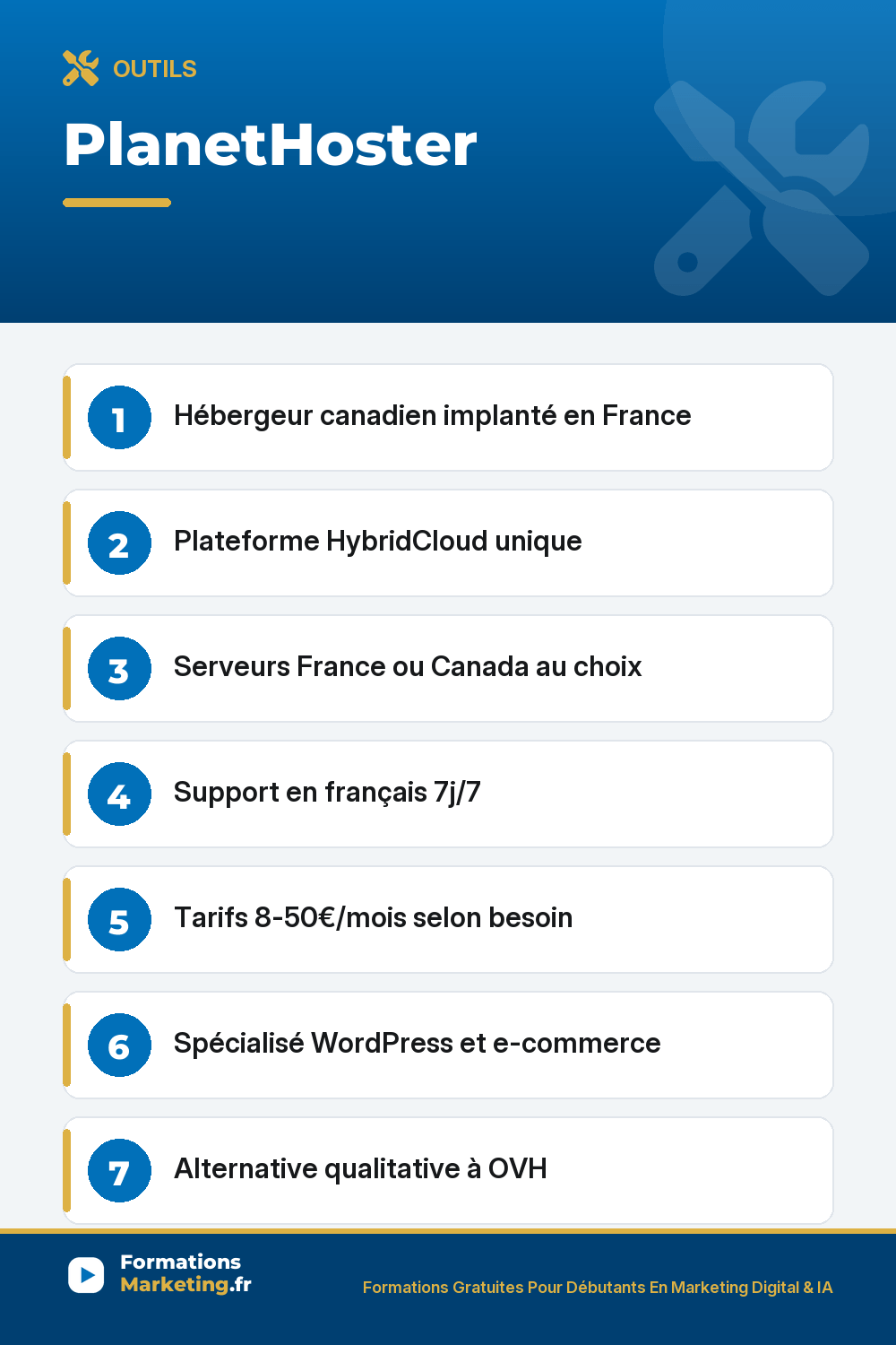 PlanetHoster : Hébergeur canadien implanté en France Plateforme HybridCloud unique Serveurs France ou Canada au choix Support en français 7j/7 Tarifs 8-50€/mois selon besoin Spécialisé WordPress et e-commerce Alternative qualitative à OVH