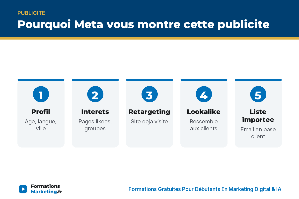 Pourquoi Meta vous montre cette publicite : profil, interets, retargeting, lookalike, bibliotheque Meta - formationsmarketing.fr