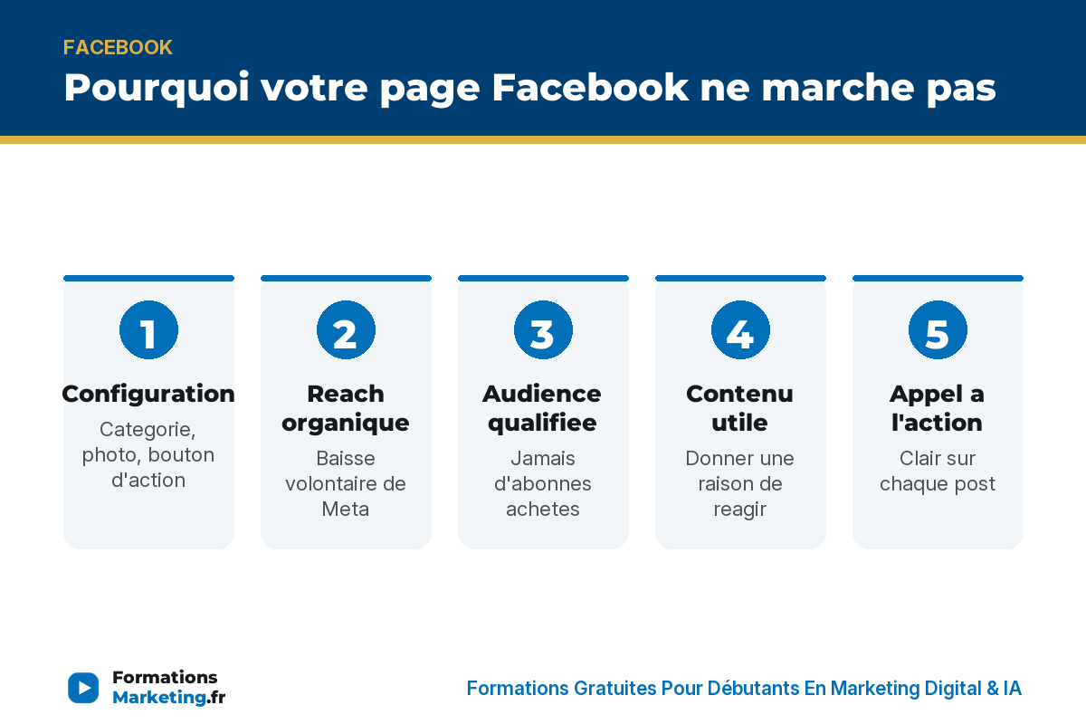 Pourquoi votre page Facebook ne marche pas : configuration, reach, audience, contenu, appel a l'action, confiance - formationsmarketing.fr