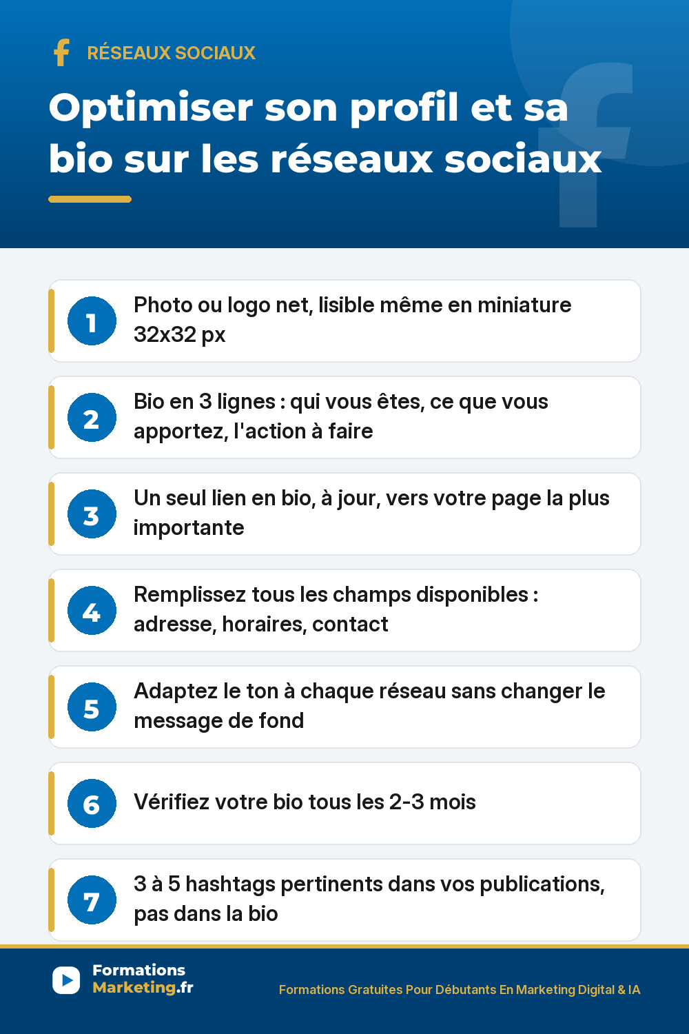 Optimiser son profil et sa bio : photo/logo net, bio en 3 lignes, lien unique à jour, champs de contact remplis, ton adapté au réseau