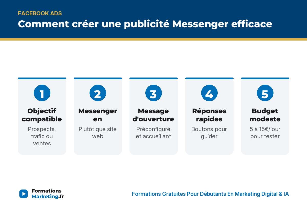 Comment créer une publicité Messenger efficace : objectif, destination, message, réponses rapides, budget, suivi - formationsmarketing.fr