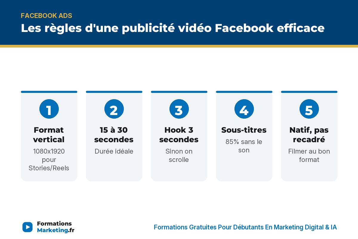 Les règles d'une publicité vidéo Facebook efficace : format, durée, hook, sous-titres, natif, CTA - formationsmarketing.fr