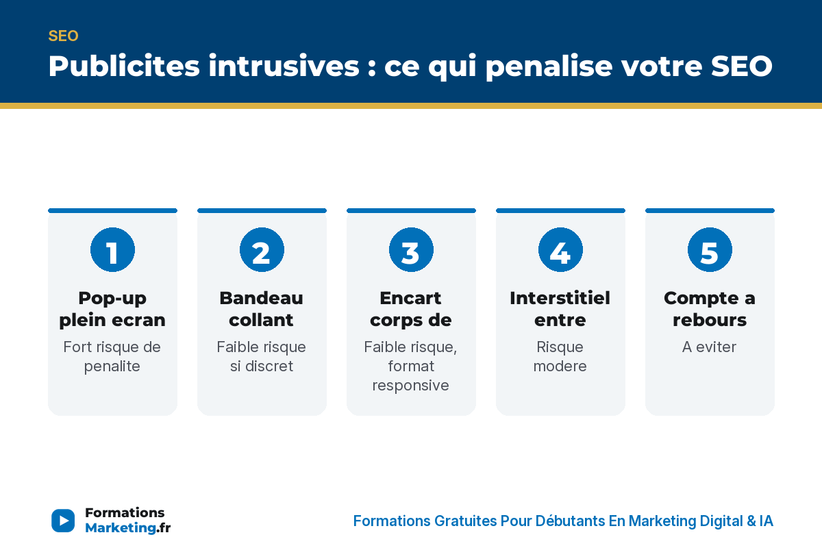 Publicites intrusives : pop-up plein ecran, bandeau collant, encart, interstitiel, test mobile - formationsmarketing.fr