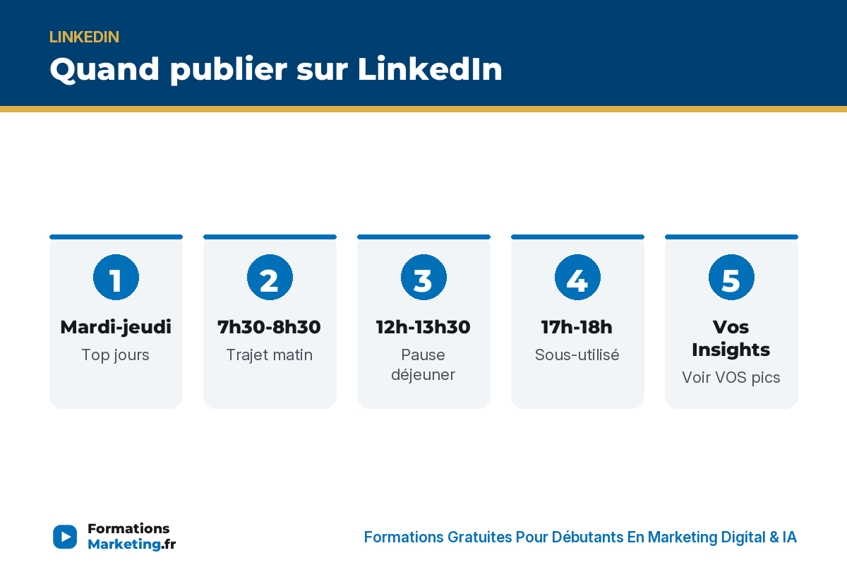 quand publier li infographie Quand publier LI : mardi-jeudi, 7h30-8h30, 12h-13h30, 17h-18h, vos Insights - formationsmarketing.fr