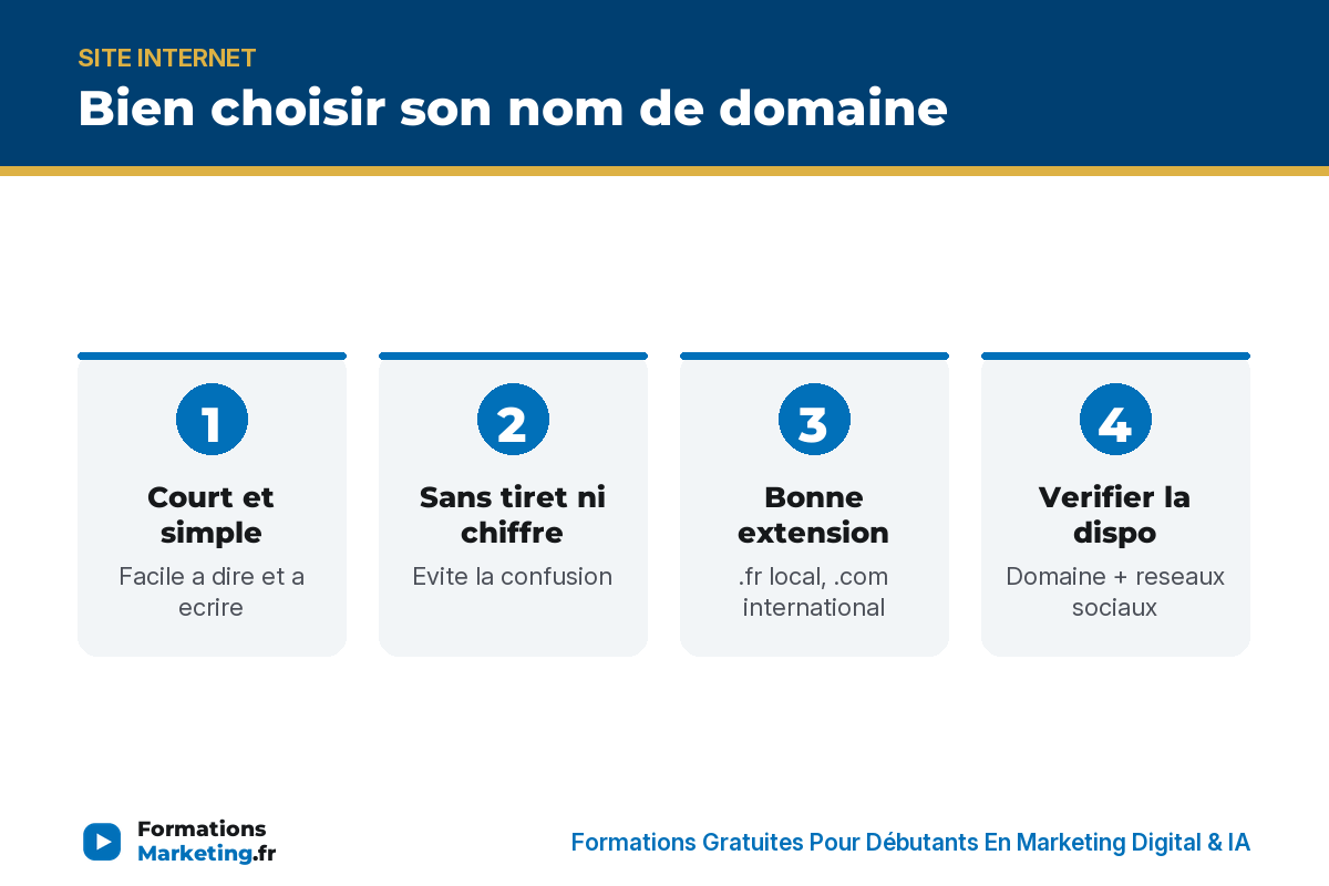 Bien choisir son nom de domaine : court, sans tiret, bonne extension, verifier la dispo - formationsmarketing.fr