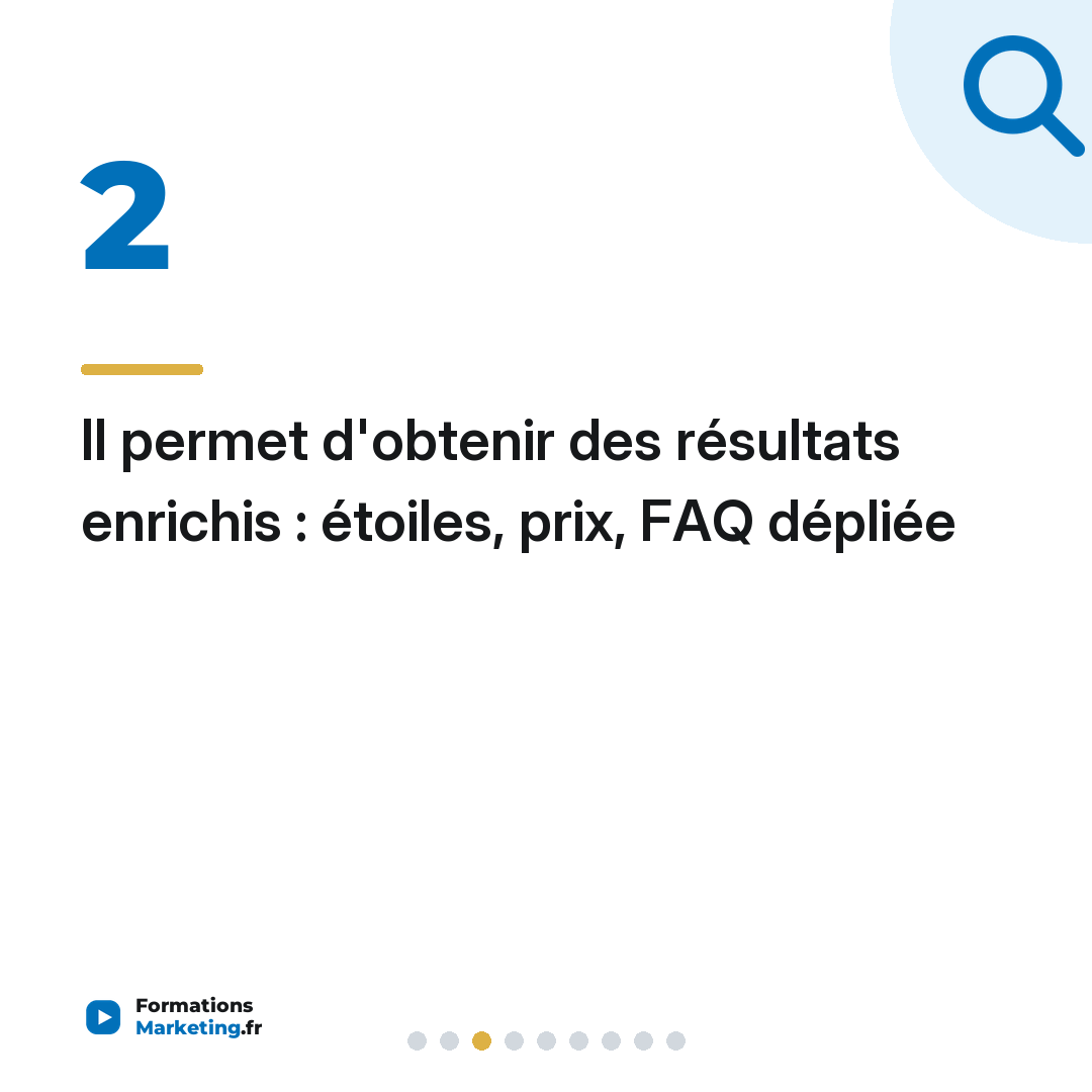 Il permet d'obtenir des résultats enrichis : étoiles, prix, FAQ dépliée