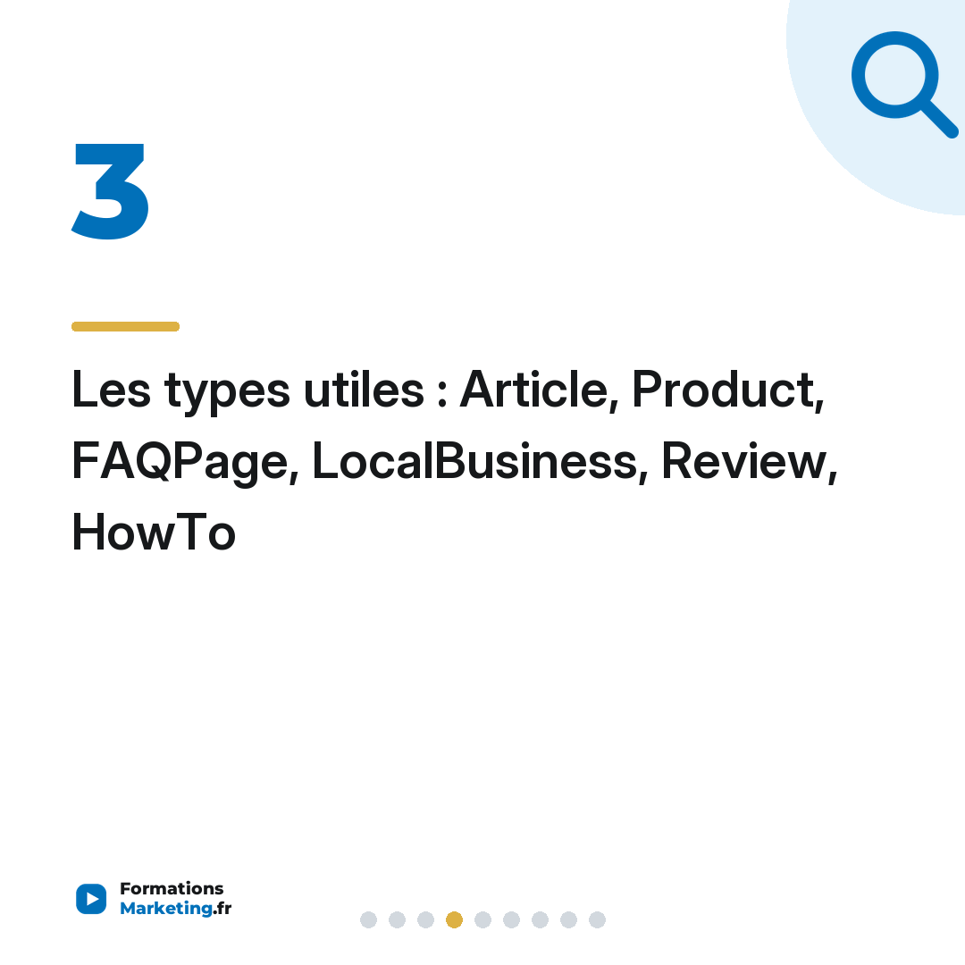 Les types utiles : Article, Product, FAQPage, LocalBusiness, Review, HowTo