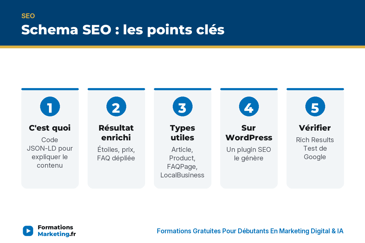 schema seo infographie Schema SEO : les points clés, code, résultat enrichi, types, WordPress, vérification - formationsmarketing.fr