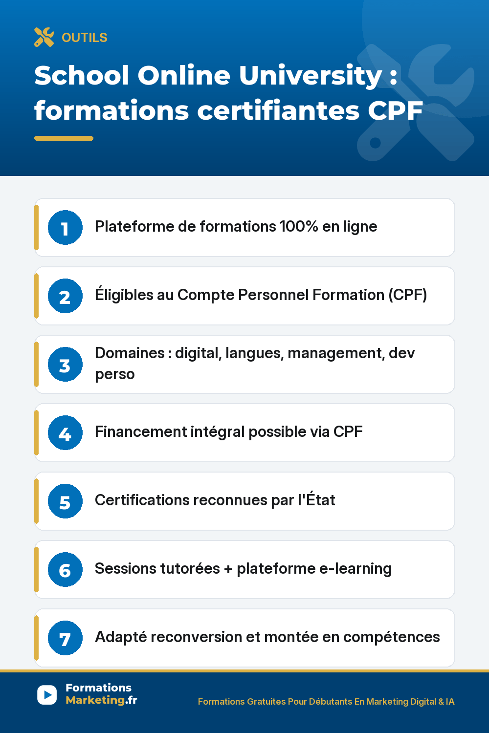 School Online University plateforme de formations 100% en ligne éligibles au CPF Compte Personnel Formation, domaines marketing digital communication web development langues anglais TOEIC management développement personnel bureautique Excel, financement intégral via CPF, certifications reconnues par l'État RNCP RS, sessions tutorées plateforme e-learning, adapté reconversion et montée en compétences
