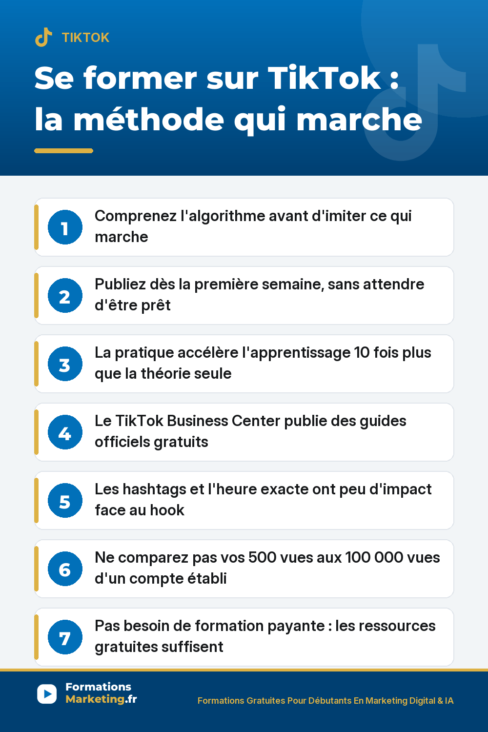 Comment se former sur TikTok : comprendre l'algorithme, publier dès la 1ère semaine, TikTok Business Center, analytics personnels, pas besoin de formation payante