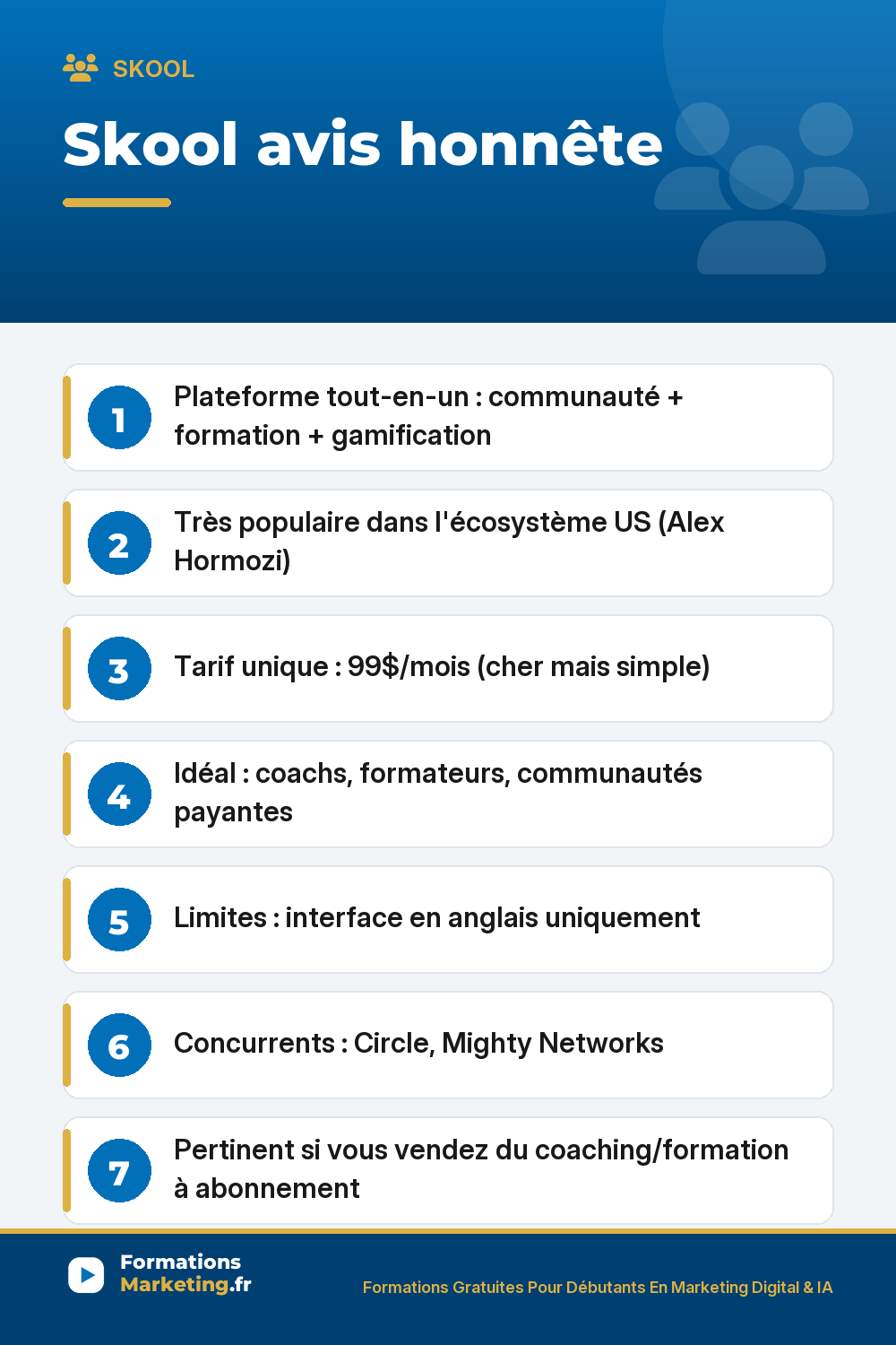 Skool avis honnête : Plateforme tout-en-un : communauté + formation + gamification Très populaire dans l'écosystème US (Alex Hormozi) Tarif unique : 99$/mois (cher mais simple) Idéal : coachs, formateurs, communautés payantes Limites : interface en anglais uniquement Concurrents : Circle, Mighty Networks Pertinent si vo