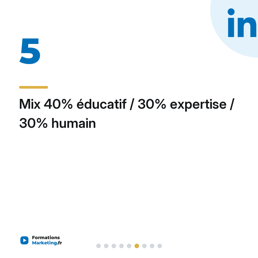 Mix 40% éducatif / 30% expertise / 30% humain