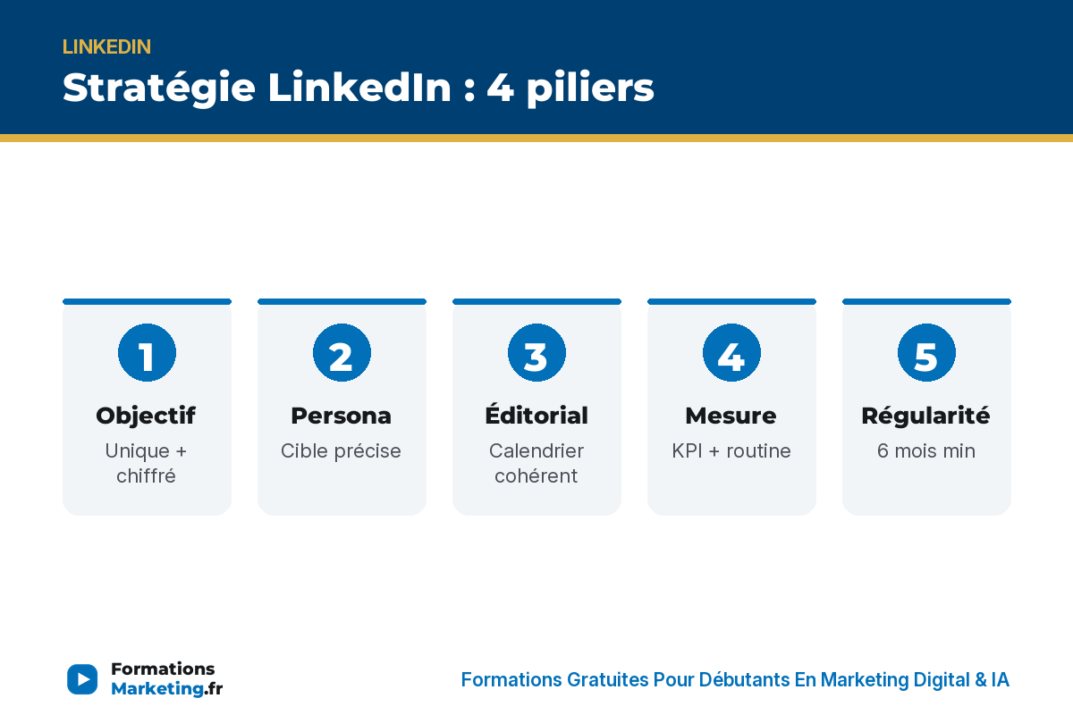Stratégie LI 4 piliers : objectif, persona, éditorial, mesure, régularité - formationsmarketing.fr