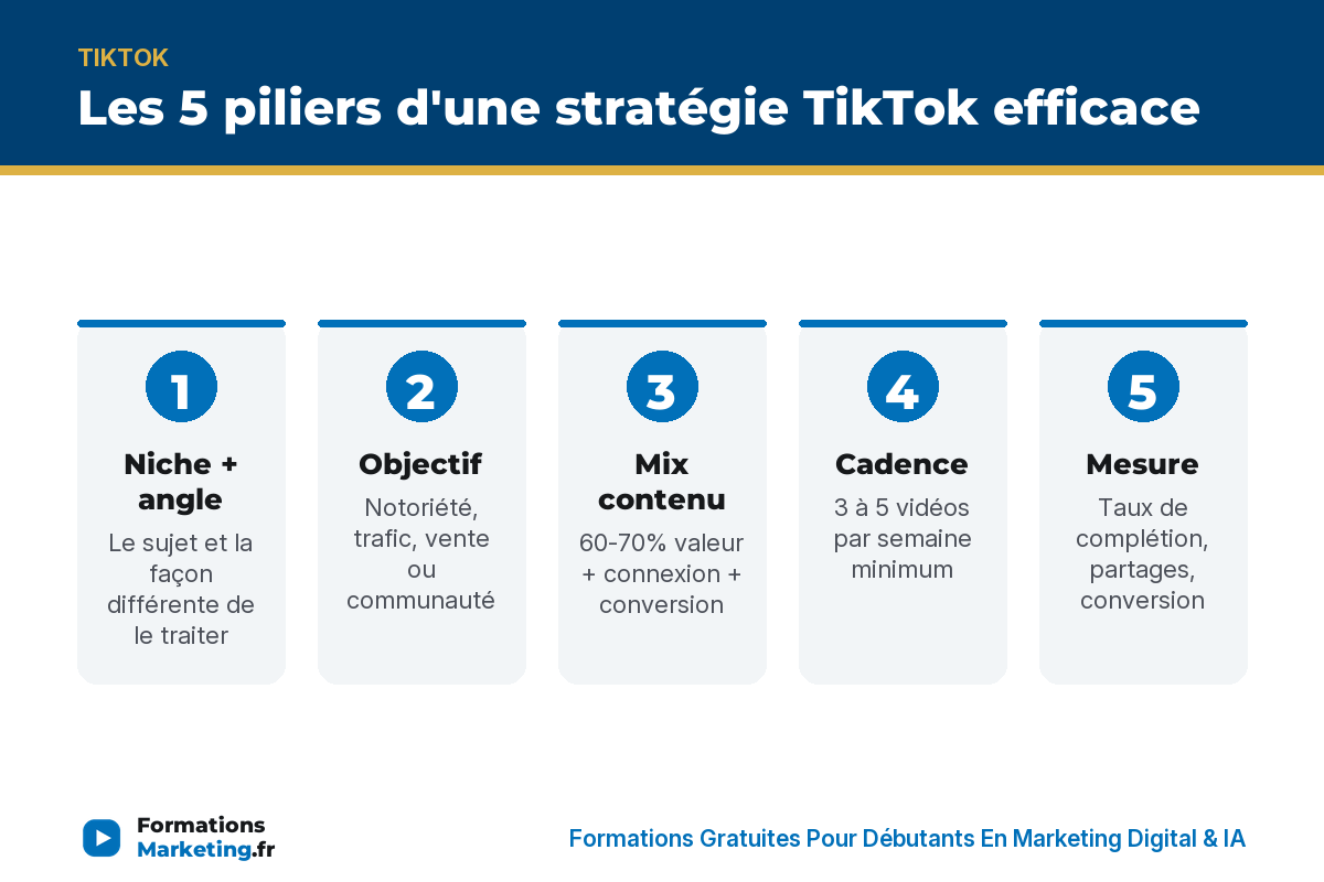 strategie marketing tiktok infographie Les 5 piliers d'une stratégie TikTok efficace : niche, objectif, mix contenu, cadence, mesure - formationsmarketing.fr