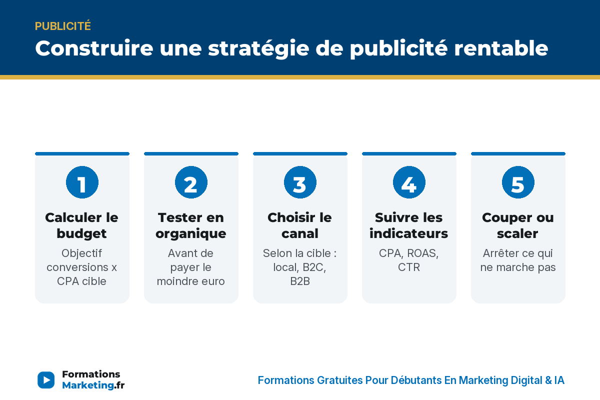Les 5 étapes pour construire une stratégie de publicité rentable : budget, test organique, canal, indicateurs, couper ou scaler - formationsmarketing.fr