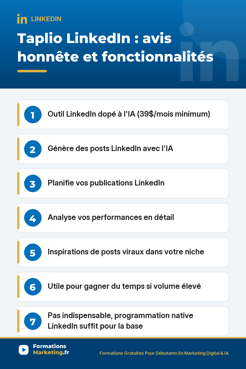 taplio li pinterest Taplio LinkedIn avis honnête fonctionnalités et prix : outil LinkedIn dopé à l'IA payant à partir de 39$/mois jusqu'à 149$/mois Pro, génère posts LinkedIn avec l'IA, planifie publications jusqu'à plusieurs semaines, analyse performances détaillées top contenus démographie audience, inspiration Viral Post Database posts qui marchent dans votre niche, AI Writing réécriture variations, utile gain de temps si volume élevé 5+ posts semaine équipes agences, pas indispensable programmation native LinkedIn gratuite plus ChatGPT Plus 20$/mois suffit 80% besoins
