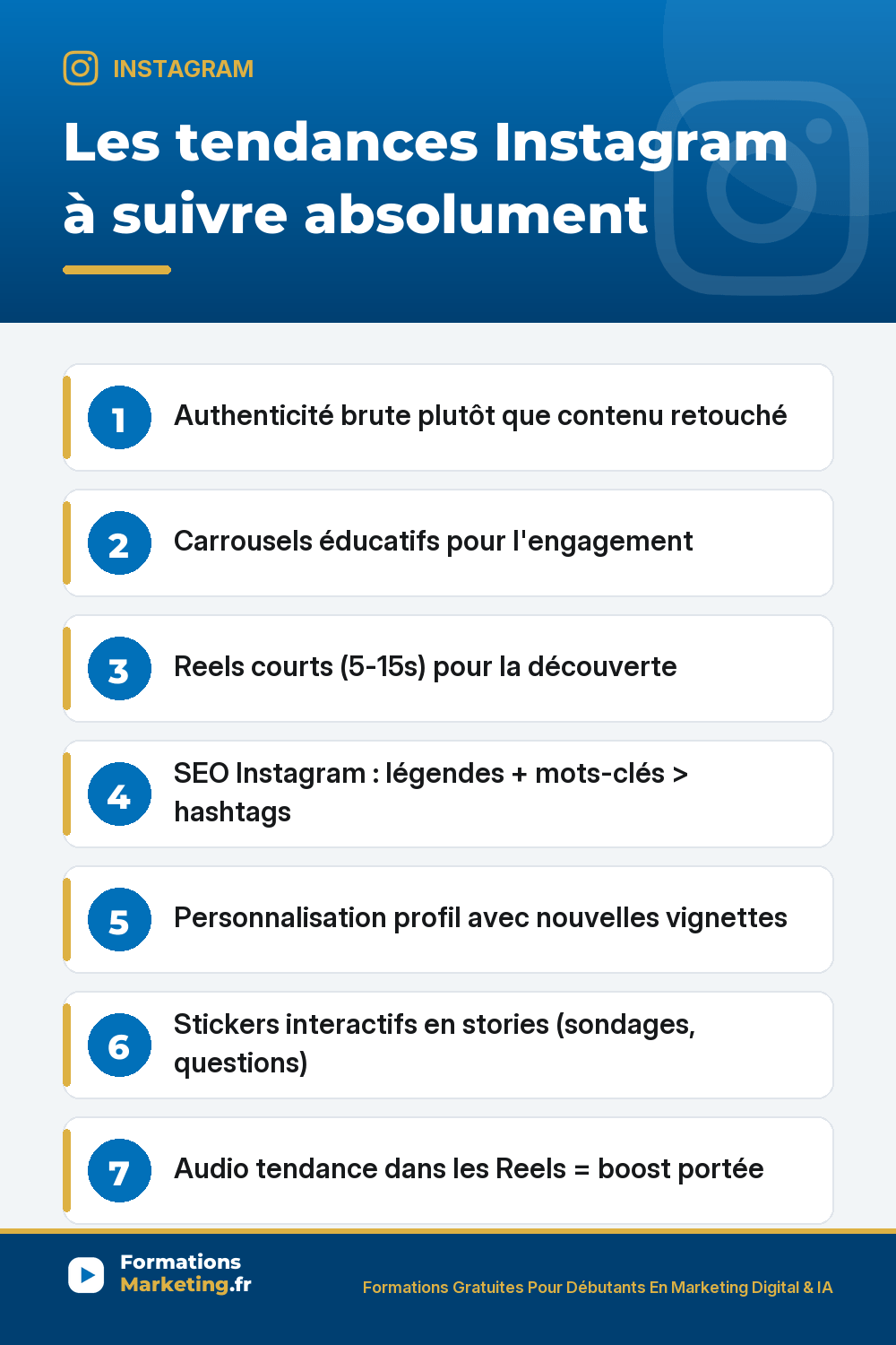 tendances ig pinterest Tendances Instagram à suivre absolument : authenticité brute plutôt que contenu retouché Lightroom, carrousels éducatifs pour engagement et sauvegardes, Reels courts 5-15 secondes pour découverte, SEO Instagram légendes et mots-clés moteur de recherche sémantique plus important que hashtags, personnalisation profil nouvelles vignettes à la une, stickers interactifs en stories
