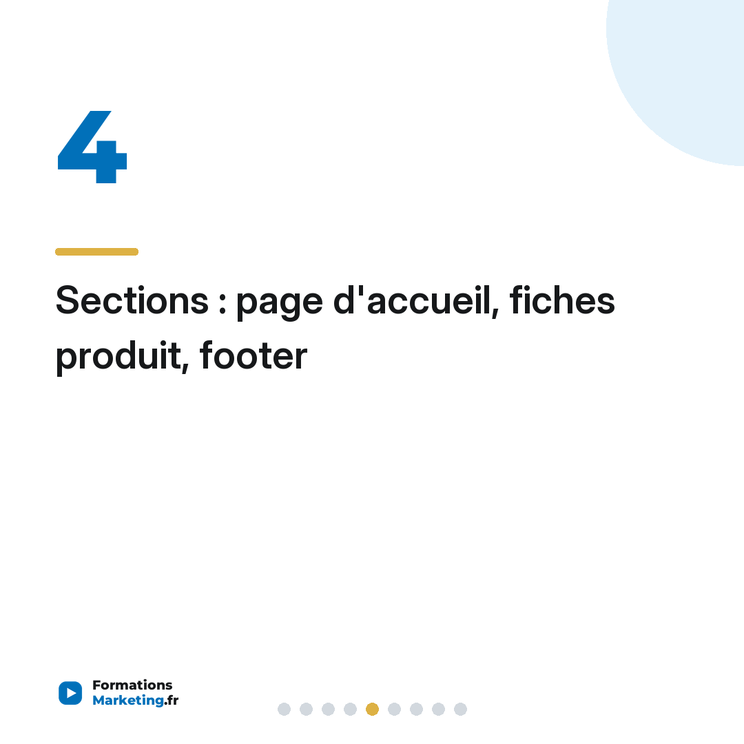 Sections : page d'accueil, fiches produit, footer
