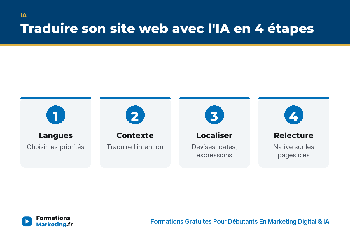 traduire site web avec ia infographie Traduire son site web avec l'IA en 4 étapes : langues, contexte, localisation, relecture native - formationsmarketing.fr