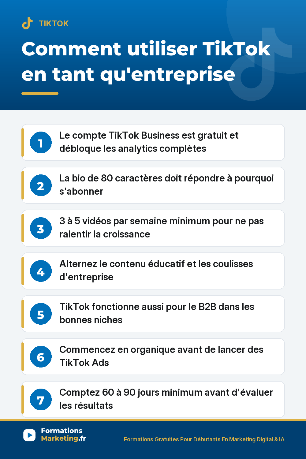 Comment utiliser TikTok en entreprise : compte Business gratuit, bio optimisée, cadence 3 à 5 vidéos par semaine, mix éducatif et coulisses, B2B compris, organique avant Ads