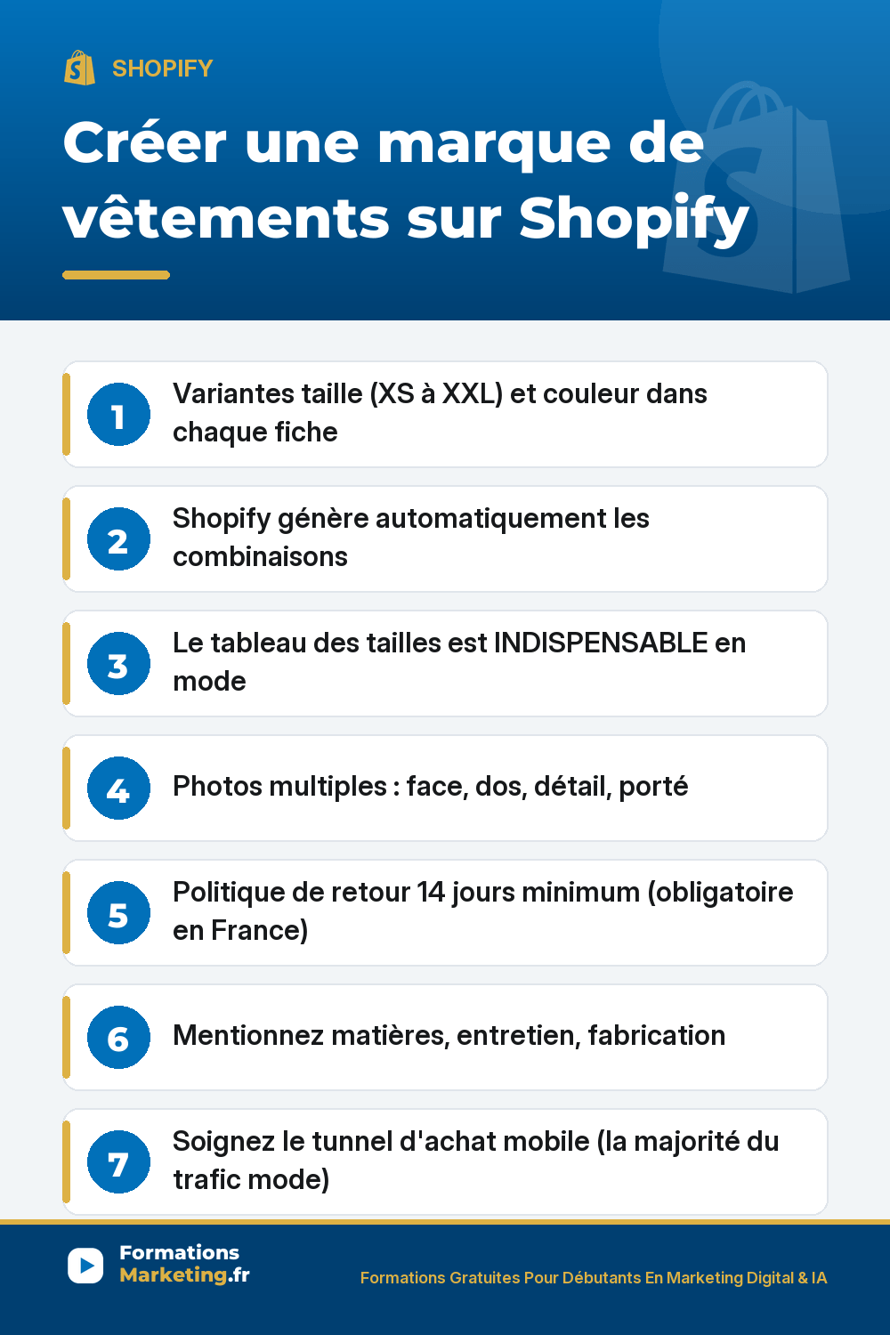 Boutique Shopify marque de vêtements : variantes taille couleur, tableau des tailles indispensable, photos multiples face dos détail porté, politique de retour 14 jours, mobile-first