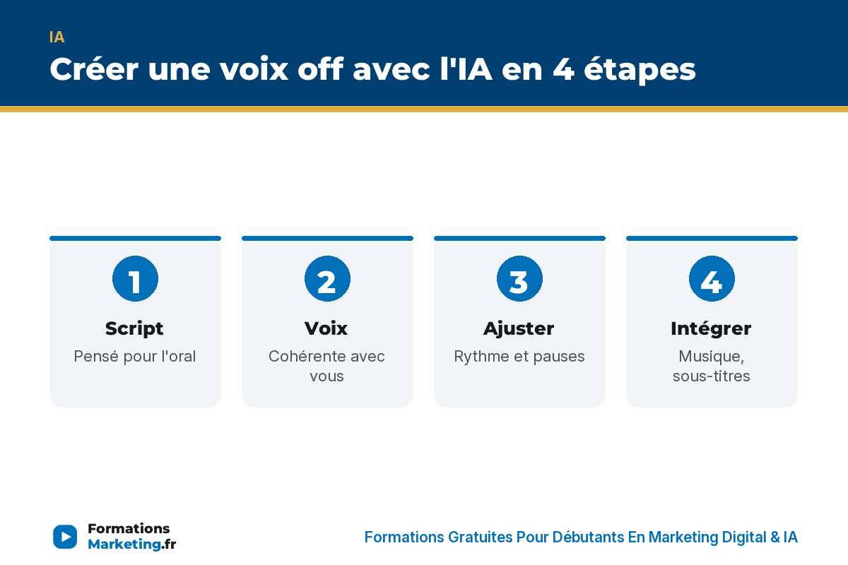 voix off avec ia infographie Créer une voix off avec l'IA en 4 étapes : script, voix, ajustement, intégration - formationsmarketing.fr