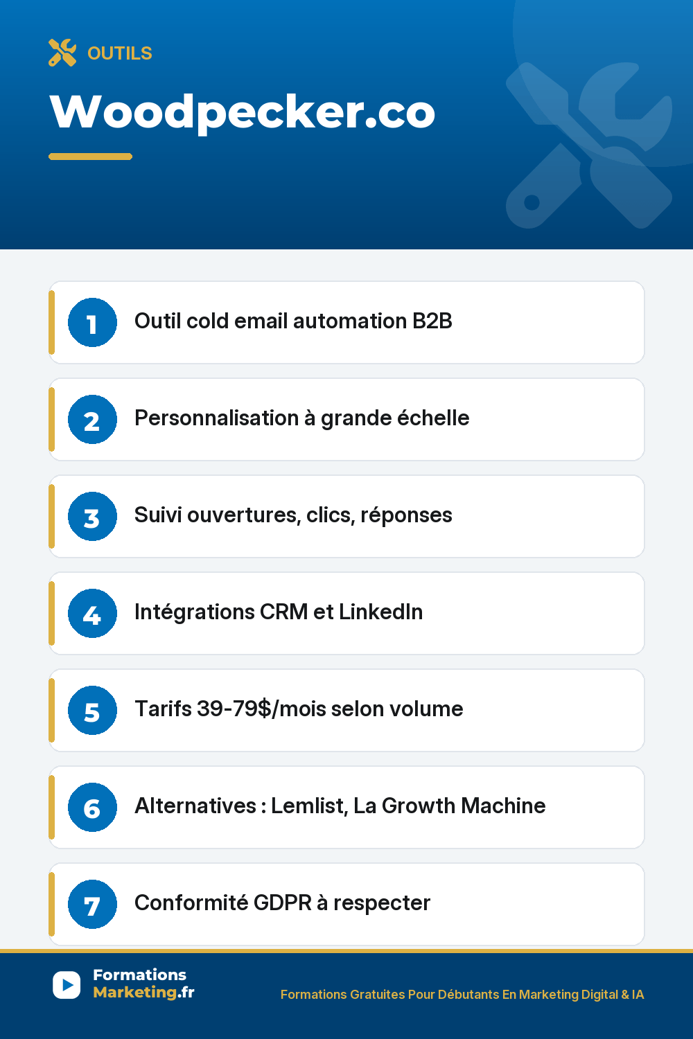woodpecker pinterest Woodpecker.co : Outil cold email automation B2B Personnalisation à grande échelle Suivi ouvertures, clics, réponses Intégrations CRM et LinkedIn Tarifs 39-79$/mois selon volume Alternatives : Lemlist, La Growth Machine Conformité GDPR à respecter