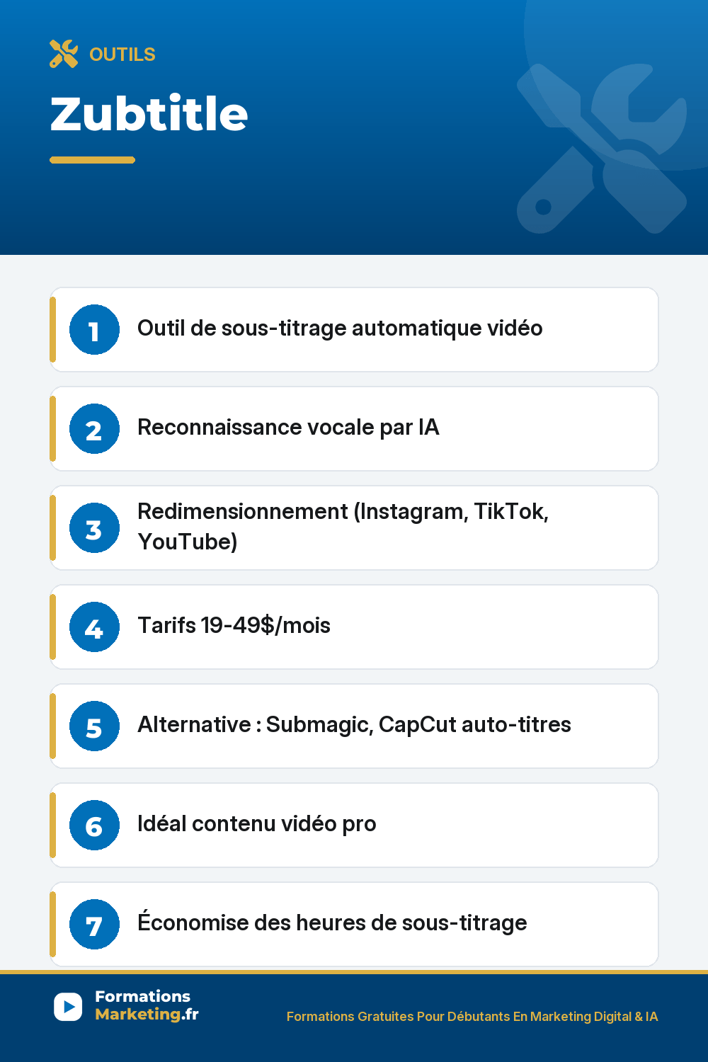 Zubtitle : Outil de sous-titrage automatique vidéo Reconnaissance vocale par IA Redimensionnement (Instagram, TikTok, YouTube) Tarifs 19-49$/mois Alternative : Submagic, CapCut auto-titres Idéal contenu vidéo pro Économise des heures de sous-titrage